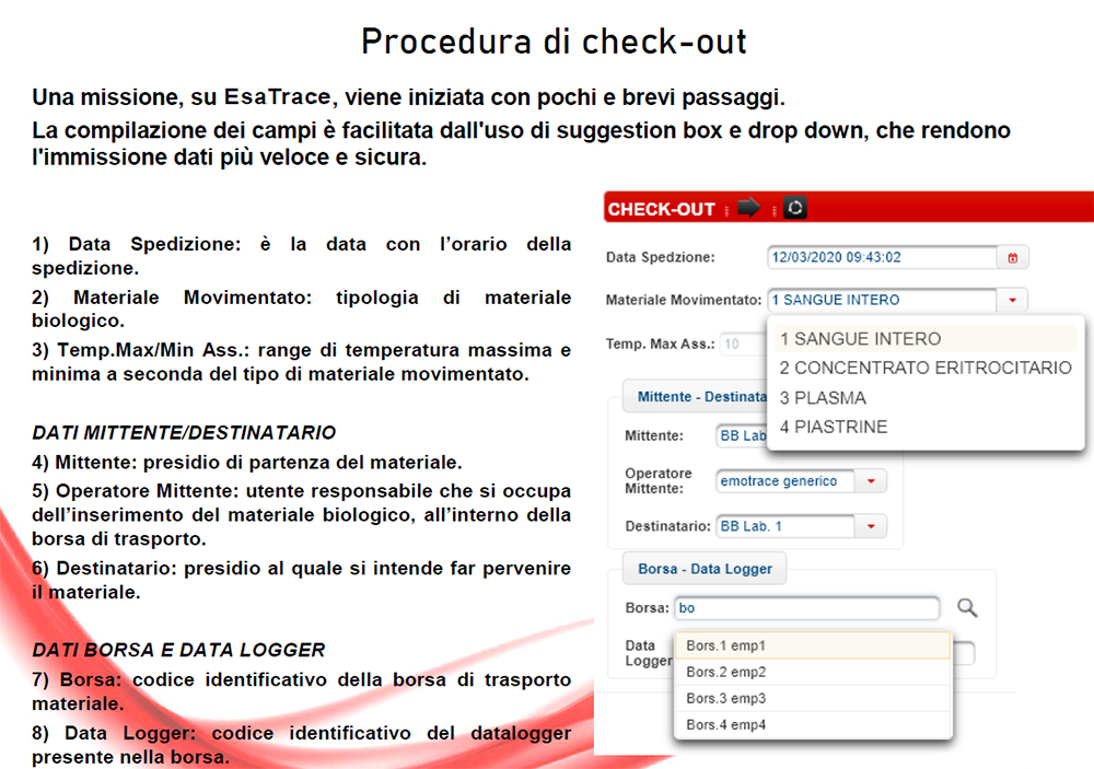 Schermata ESAtrace per il check-out di una missione
