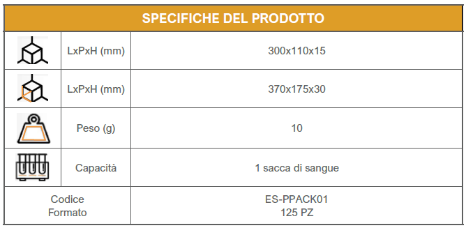 Tabella con le specifiche del contenitore PlasmaPack